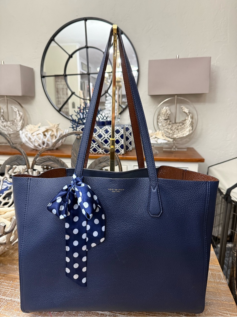 Tory Burch Navy Leather Tote Bag with Polka Dot Scarf, has Original Navy Pouch.